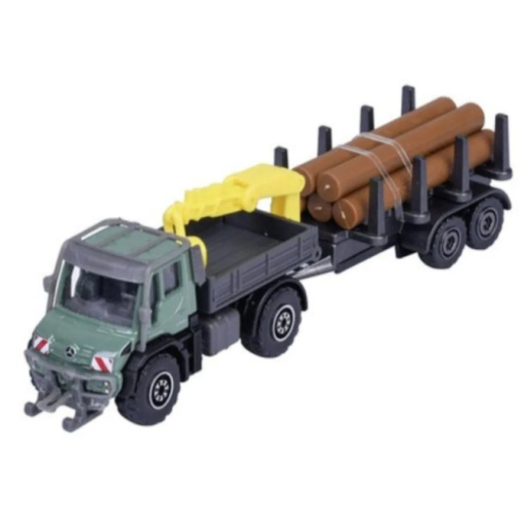 MAJORETTE FARM TRAILER -  GREEN MERCEDES UNIMOG U530 WITH LOGS ON TRAILER