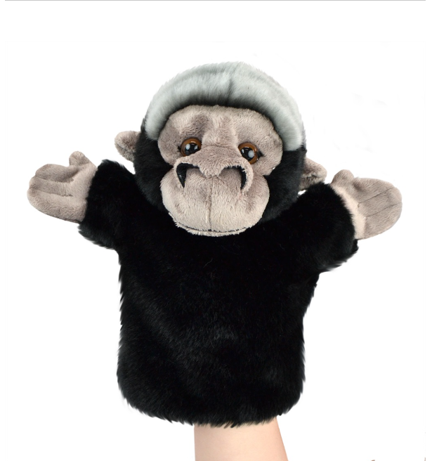 A plush monkey hand puppet with a black body, gray face and hands, and a gray hat, shown with a human hand underneath on a white background.