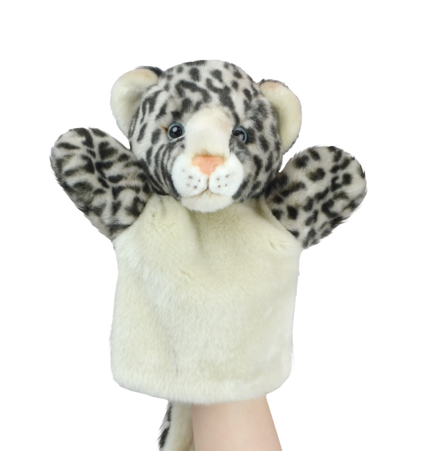 A plush leopard hand puppet with a cream-colored body and head, black and gray spots, and a small pink nose, shown with a human hand underneath on a plain white background.
