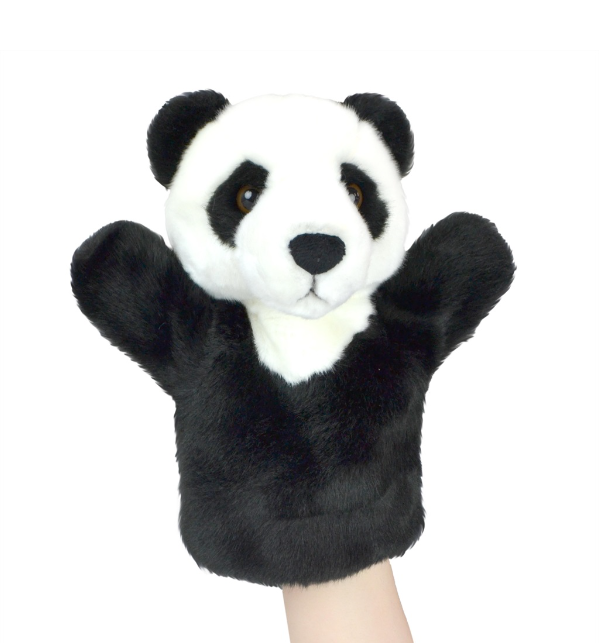A plush panda hand puppet with raised paws, shown on a person's hand against a plain white background.