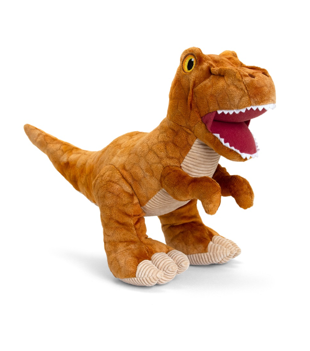 A plush T-rex dinosaur toy in a brown and tan color scheme with a wide-open mouth showing white teeth and a pink tongue, photographed on a clean white background.