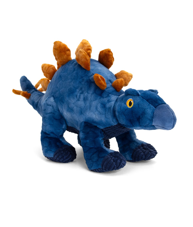 A plush toy dinosaur resembling a Stegosaurus, featuring a textured blue body with orange spikes on its back and neck, and a small yellow eye, photographed on a clean white background.