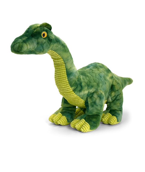 A green plush dinosaur toy with a long neck, textured body, yellow-green claws and underbelly, and a yellow eye, photographed on a clean white background.
