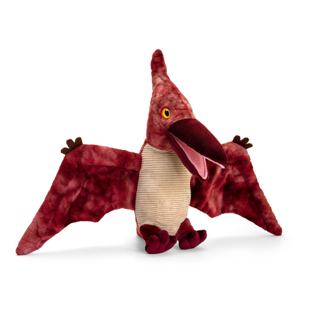 A plush toy pterodactyl with textured dark red wings and body, a cream-colored ribbed belly, and a pink-lined open beak, shown against a plain white background.
