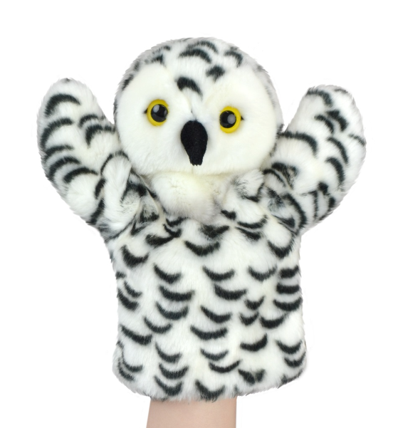 A plush owl hand puppet with raised paws, featuring a white faux-fur body with black stripes, yellow eyes, and a black beak, shown on a light skin hand against a white background.
