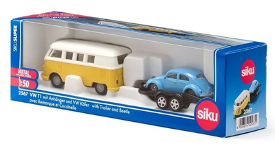 Siku 1:50 scale metal toy set featuring a yellow and white VW T1 camper trailer attached to a blue Beetle car, presented in its original blue and white retail packaging.