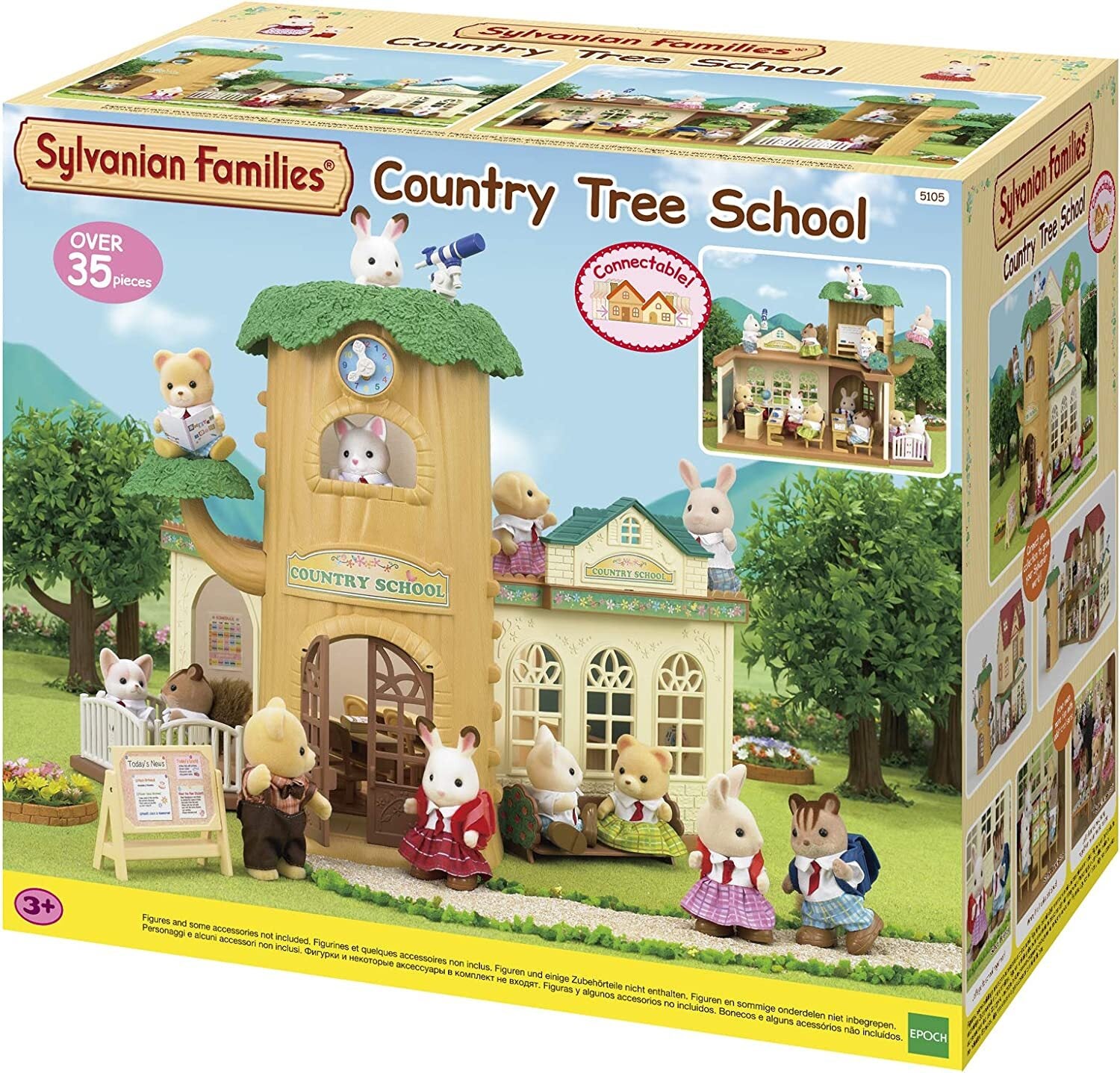Box of Sylvanian Families Country Tree School set with toy figures and building.