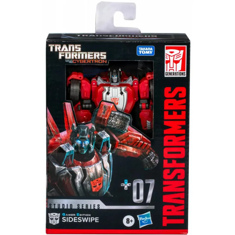 Transformers Studio Series Deluxe Class action figure of Sideswipe, depicted in robot mode on the front of the box, with the Transformers logo and the number 07 featured prominently.