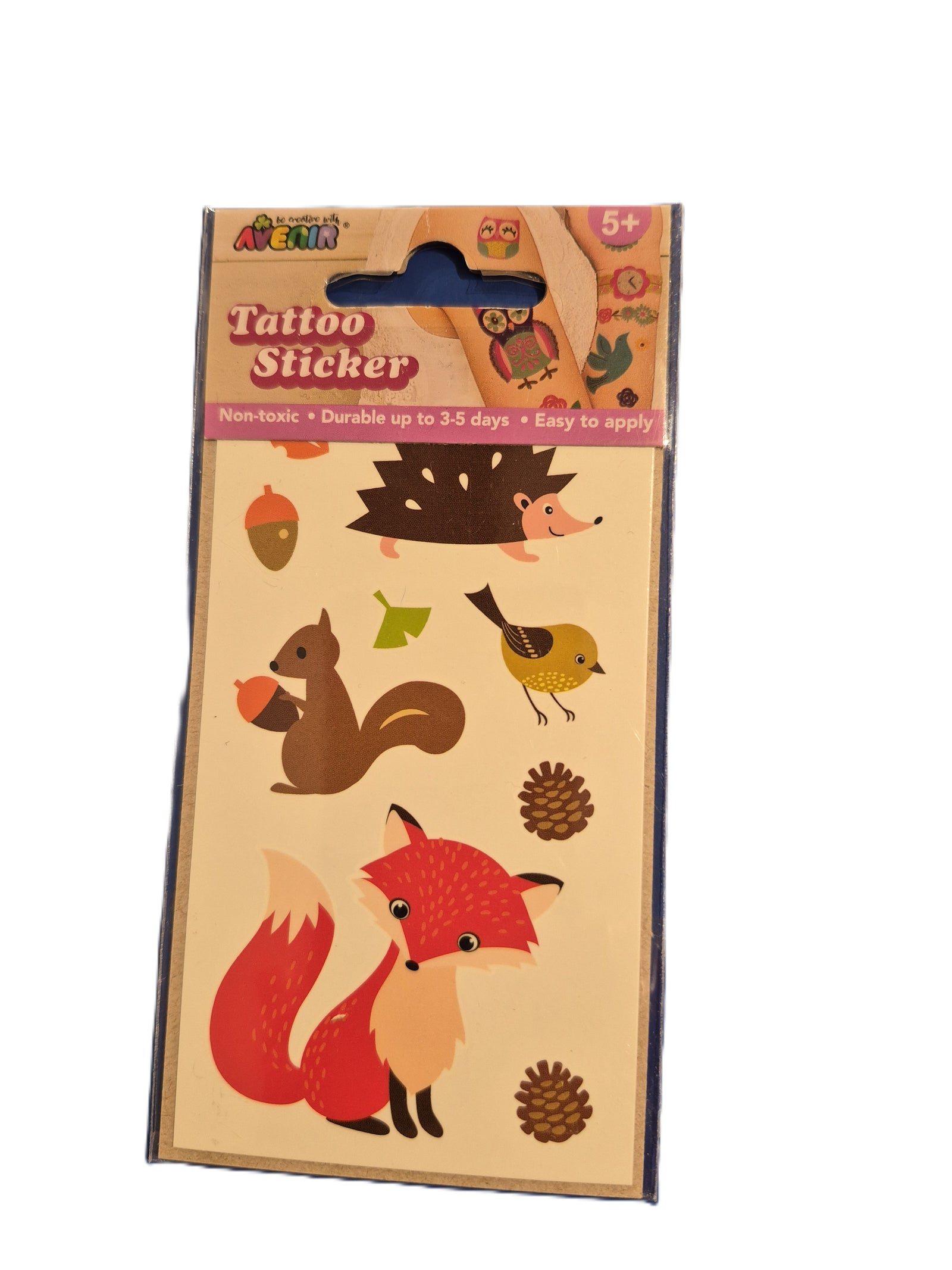 A package of Avenia brand temporary tattoo stickers featuring cute woodland animals including a red fox, brown squirrel, yellow bird, hedgehog, acorns, and pinecones on a beige backing card.