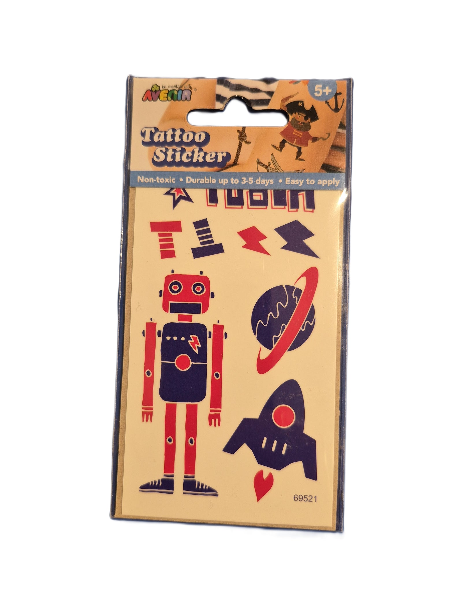 A package of retro-themed temporary tattoo stickers featuring a robot, rocket, and planets on a beige card with a hanging tab.