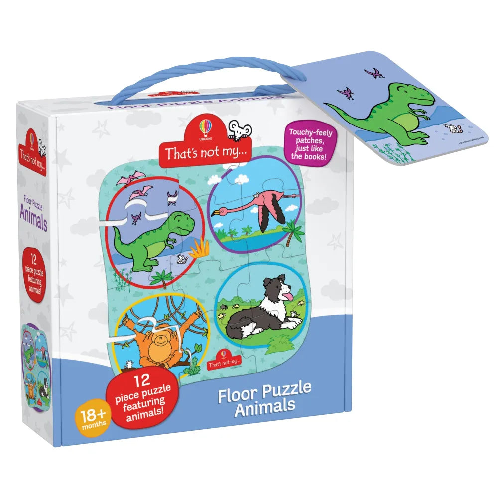 Children's floor puzzle packaging featuring animals with a dinosaur illustration on a white background.