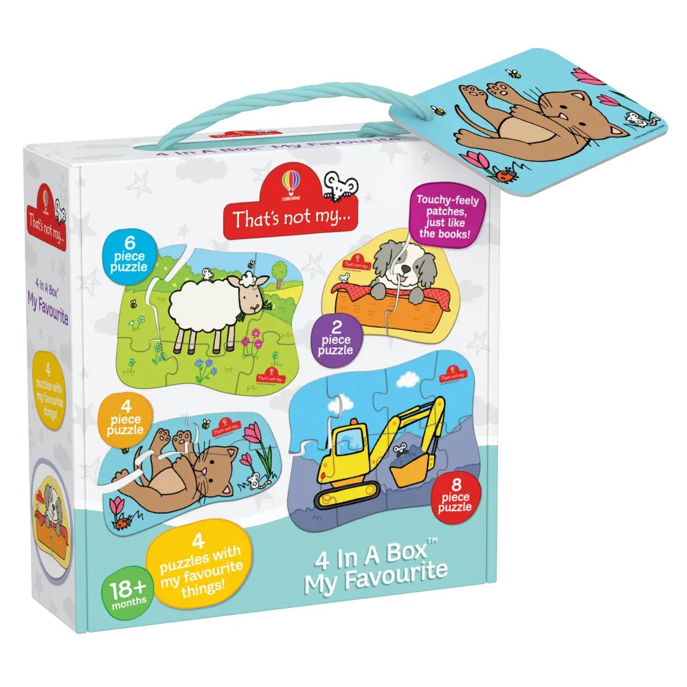 Children's puzzle set packaging with illustrations of animals and vehicles on a white background