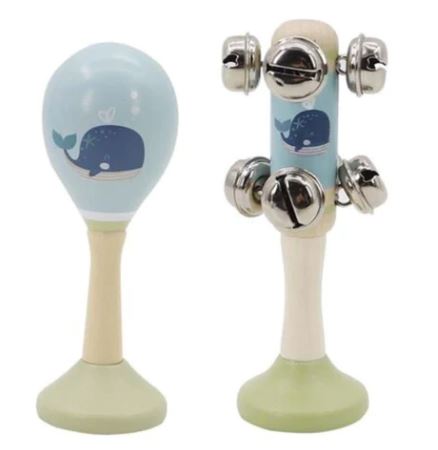 CALM AND BREEZY SEAGULL WOODEN MARACA AND BELL SET-BLUE WHALE - Toyworld Frankston