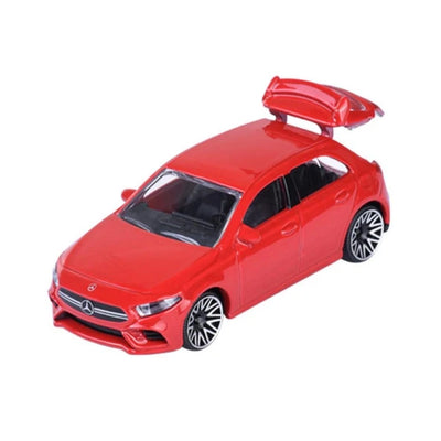 A red toy model car resembling a Mercedes-Benz A-Class, featuring a raised trunk lid and silver multi-spoke wheels, shown on a plain white background.