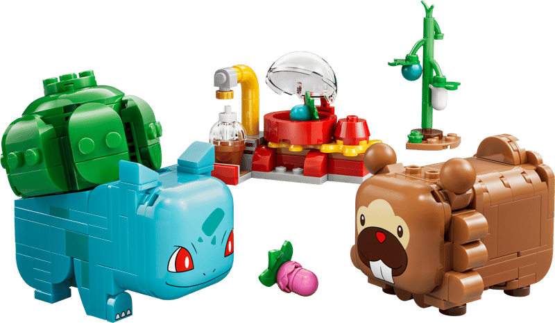 Toy building blocks set with various animal figures on a transparent background