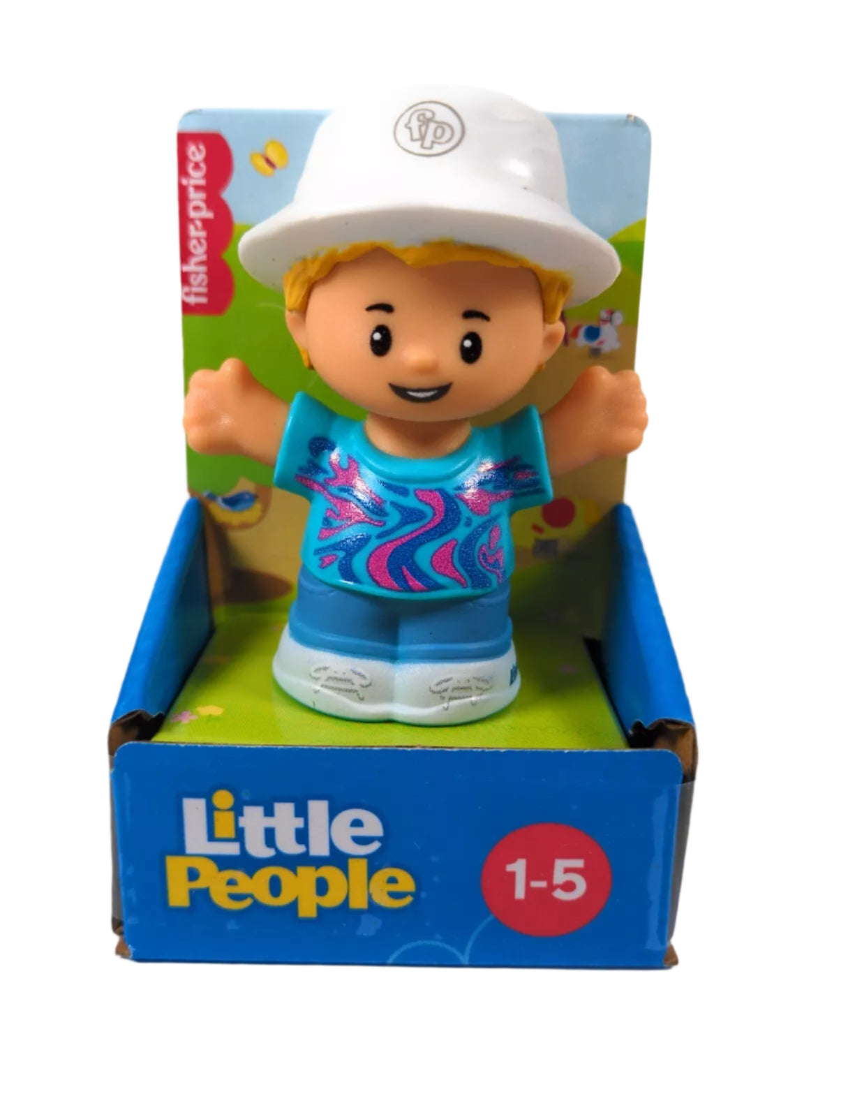 A toy figure of a little people character with a bucket hat, from Fisher-Price, placed in its packaging box.