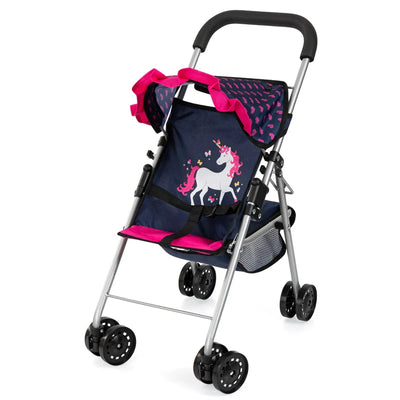 BAYER PRAMS AND STOLLERS DOLL BUGGY - DARK BLUE WITH PINK HEARTS AND UNICORN