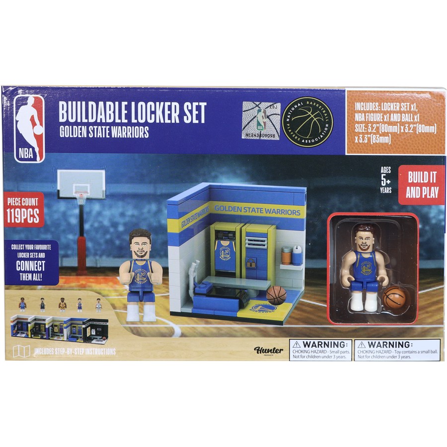 NBA Thunder Thunder Brands Buildable Locker Set Golden State Warriors toy set in its original retail packaging, featuring a locker set, basketball, and a player minifigure.