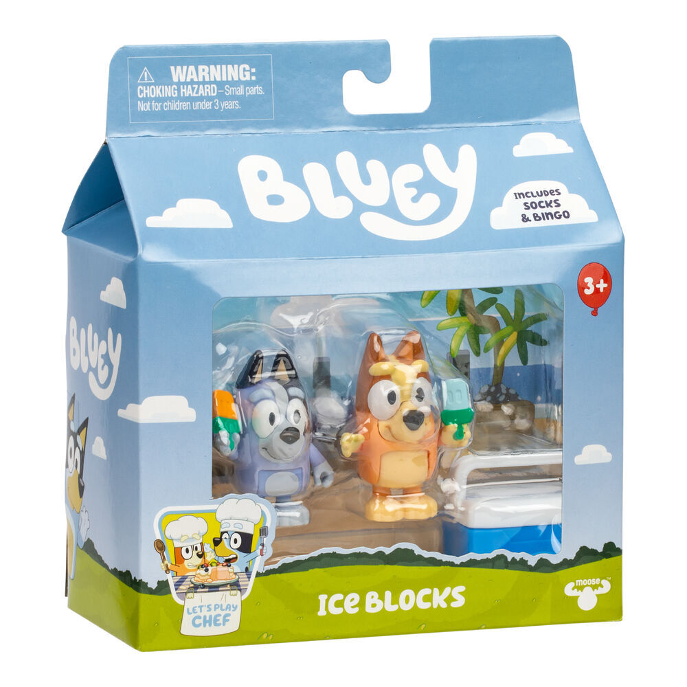 Bingo and Socks figurines with a blue cooler and ice blocks
