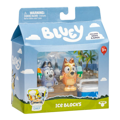 Bingo and Socks figurines with a blue cooler and ice blocks