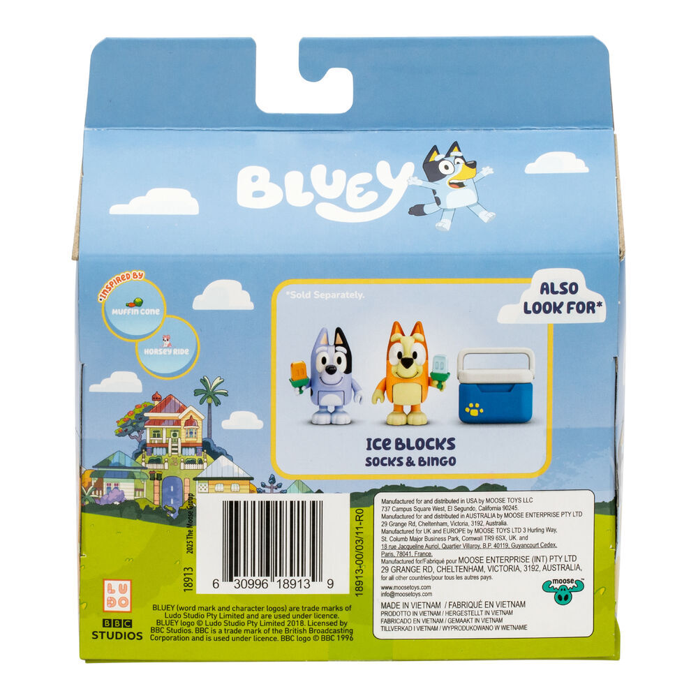 Bingo and Socks figurines with a blue cooler and ice blocks