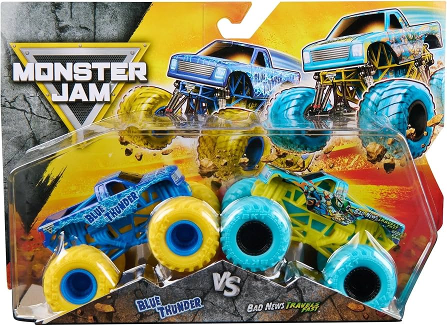 MONSTER JAM 1:64 DIECAST TRUCK 2 PACK - BLUE THUNDER AND BAN NEWS TRAVELS FAST