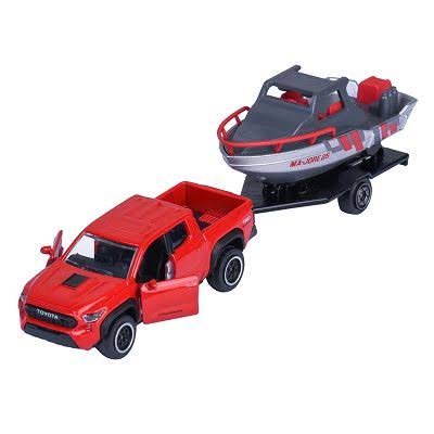 MAJORETTE CITY TRAILER - RED TOYOTA TACOMA TRO PRO WITH BOAT ON TRAILER