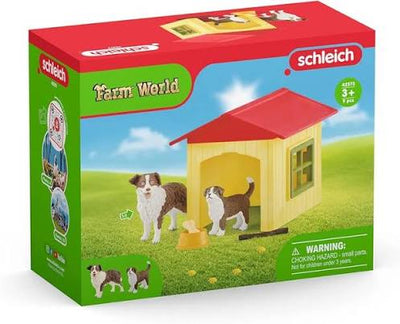 Schleich Farm World dog house toy set in its original retail packaging, featuring a yellow wooden dog house with a red roof and two small dogs playing nearby.