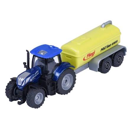 MAJORETTE FARM TRAILER -  BLUE NEW HOLLAND TRACTOR WITH YELLOW TRAILER