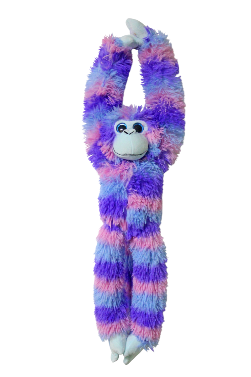 Colorful monkey-shaped plush toy on a white background