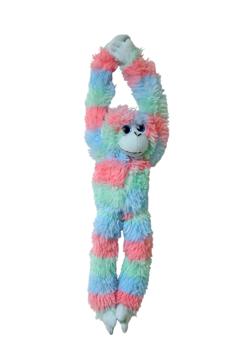 A plush monkey toy with long, fluffy pastel stripes in pink, light blue, mint green, and peach, featuring a white face and hands, set against a plain white background.