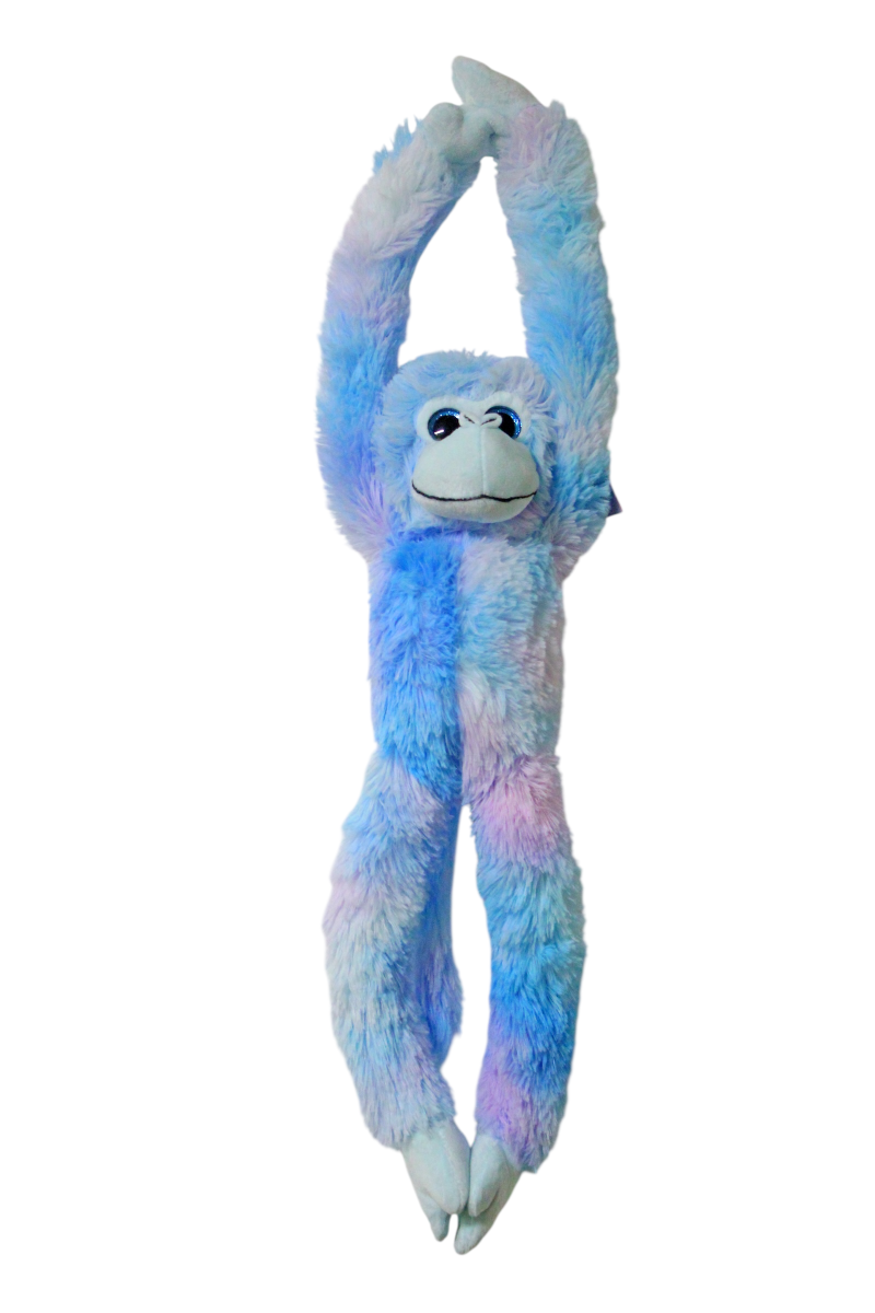 A plush hanging monkey toy with long fuzzy fur in pastel blue, lavender, and pink tones, shown against a plain white background.