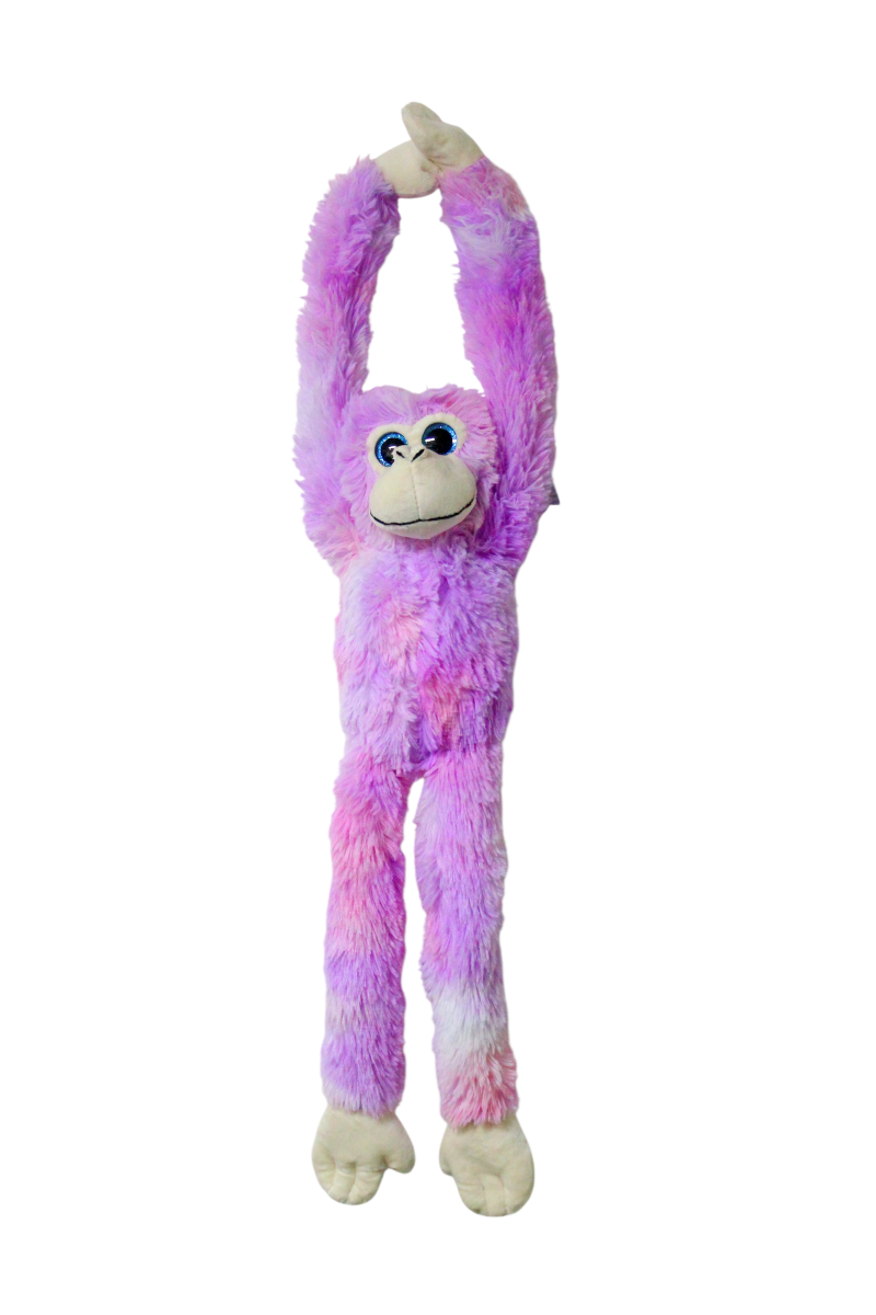 Pink plush monkey toy hanging on a white background