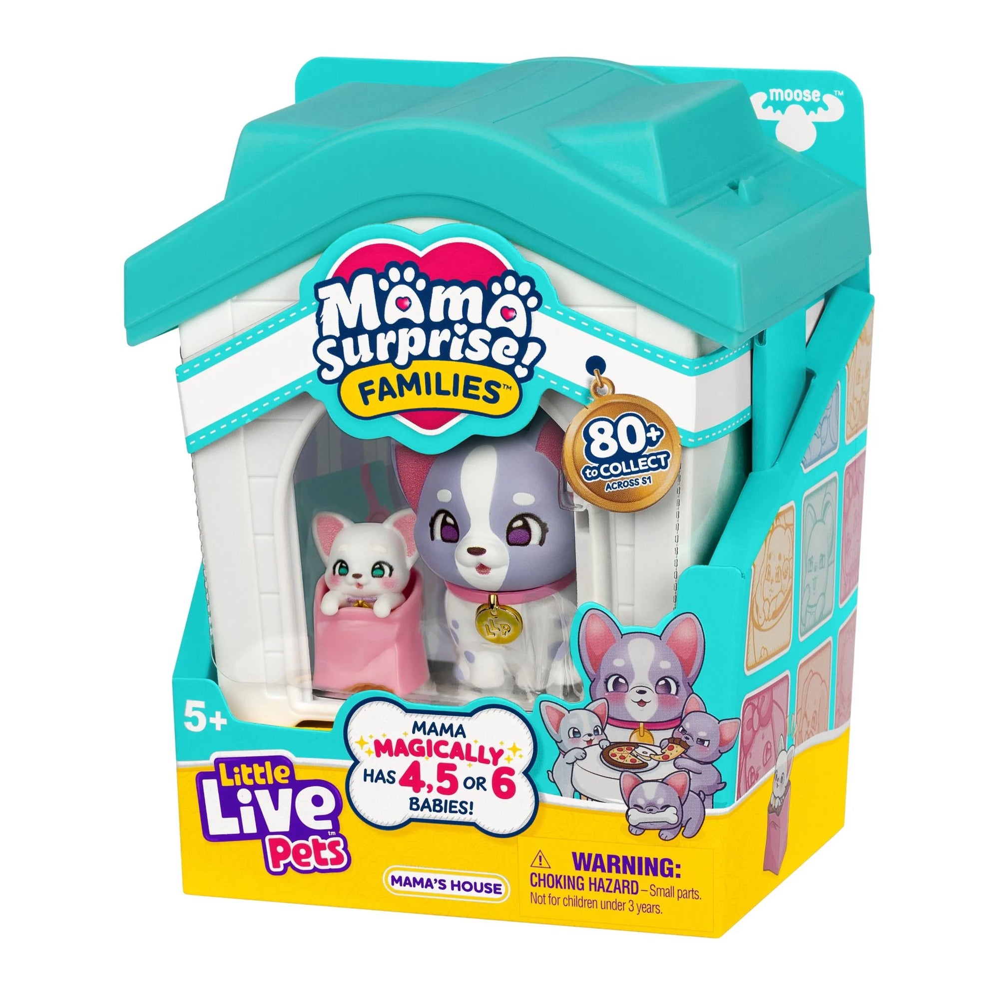 Little Live Pets Mama's House toy set in its retail packaging, featuring a teal and white house-shaped box with a collectible pet figure inside.