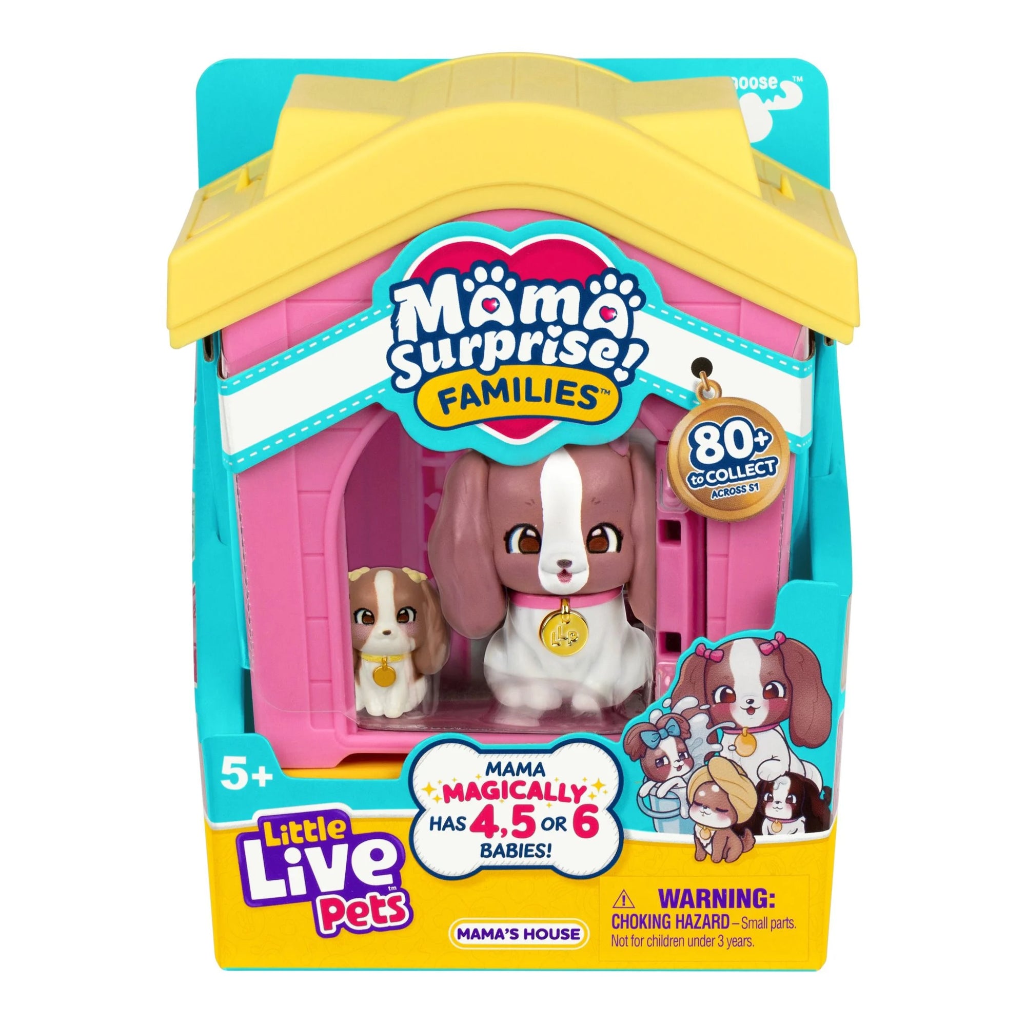 Mama's House Little Live Pets Mama's Surprise! Families toy set, featuring a pink doghouse playset with a brown and white puppy figure and a smaller dog figure inside a bright yellow and teal retail box.