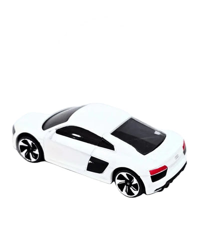 A white toy model of an Audi R8 sports car with black accents, shown on a plain white background with a 'Kinder Logs' logo in the upper center.