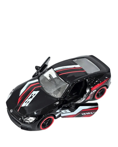 A black die-cast toy sports car with red and white racing decals, shown with its doors open on a white background. A colorful 'KINDER LOGS' logo is visible in the upper center.