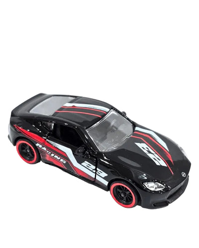 A black die-cast toy sports car with red and white racing decals, featuring a transparent canopy and red-rimmed wheels, shown on a white background with a 'KINDER LOGS' logo overlay.