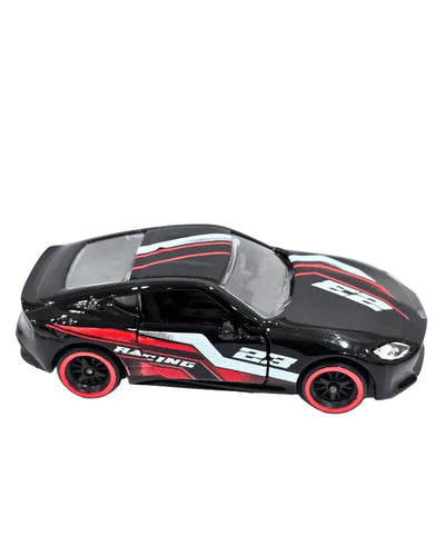 A black die-cast toy sports car with red and white racing decals, number 23, and red-rimmed wheels, photographed on a plain white background with a Kinder Logz logo above.