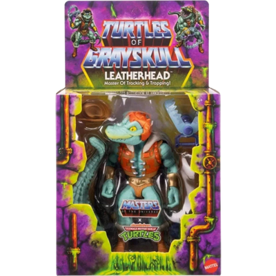 Toy figure of Leatherhead from Turtles of Eternskull in packaging with purple background