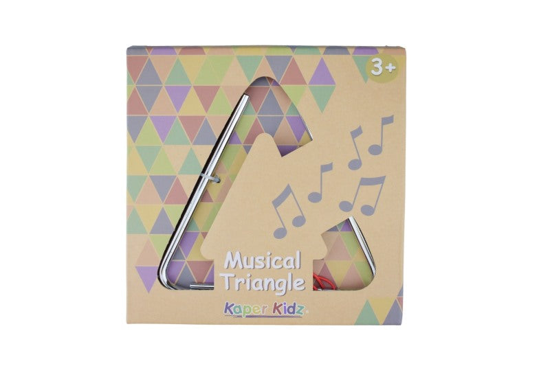 Kaper Kidz musical triangle toy in a colorful geometric-patterned box on a white background