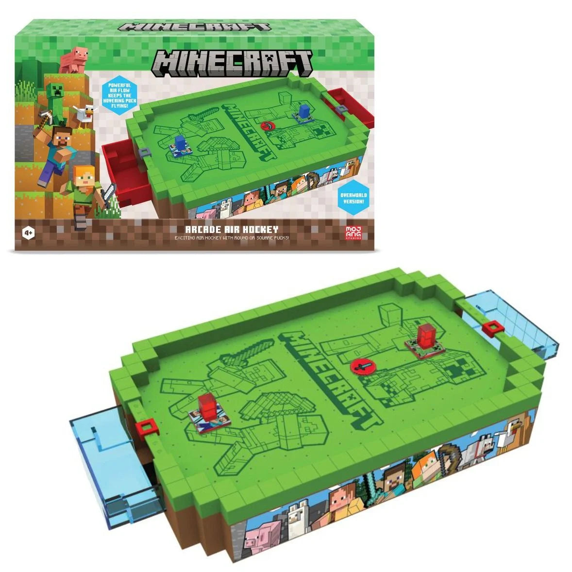 Minecraft-themed board game set with character figures on a white background