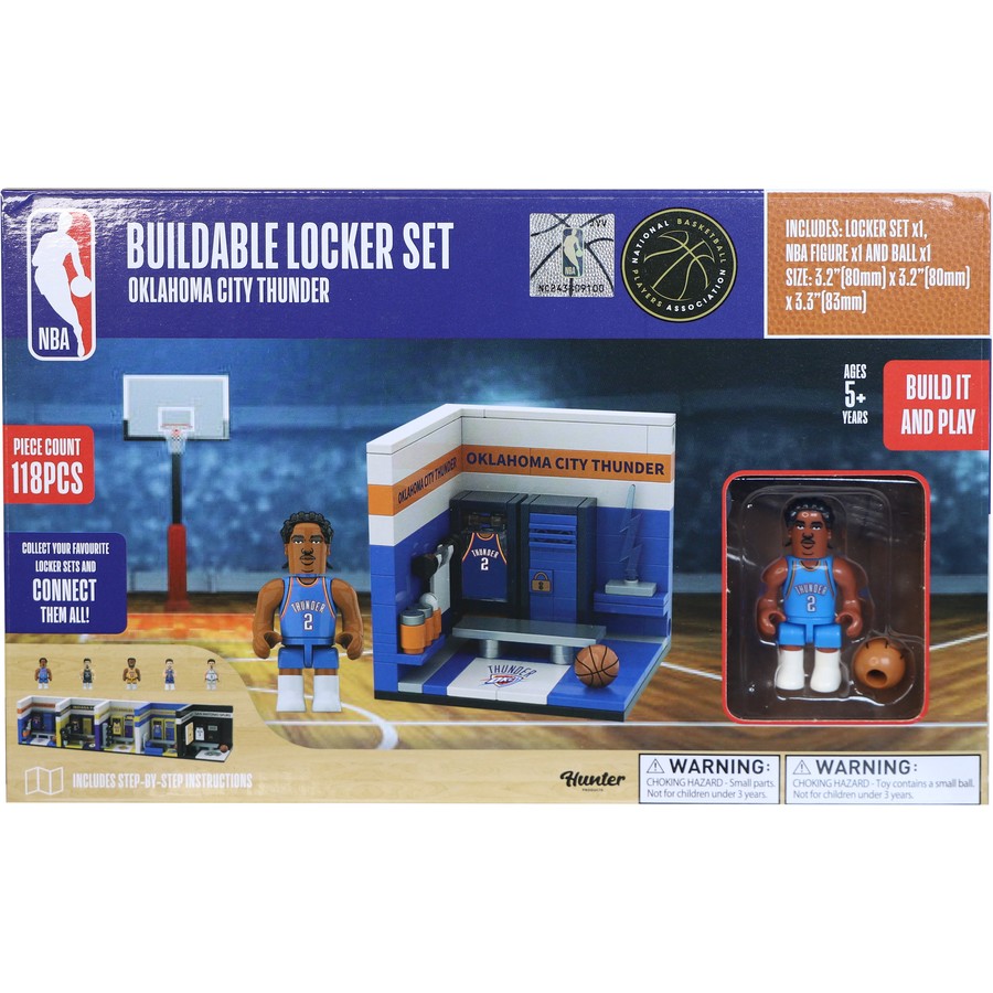 NBA Buildable Locker Set Oklahoma City Thunder toy set in its retail packaging, featuring a locker room set, basketball hoop, and a basketball figure.