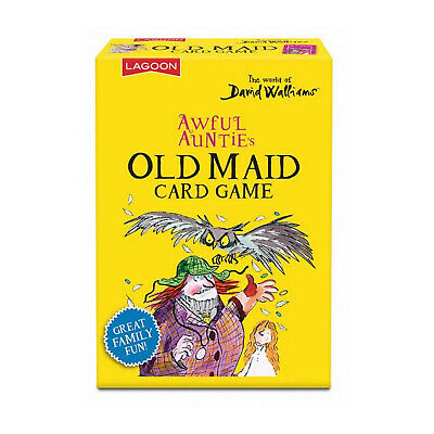 The yellow box of 'Awful Aunties Old Maid Card Game' by David Walliams, featuring a whimsical illustration of a woman with a large bird on her shoulder and a blue 'Great Family Fun' badge.