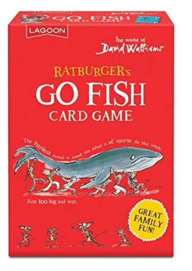 Ratburger's Go Fish Card Game box by Lagoon, featuring a bright red cover with white title text, a blue whale illustration, and a yellow 'Great Family Fun!' badge.