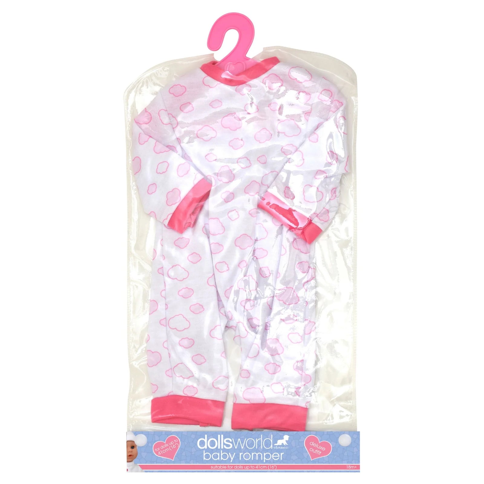 DOLLSWORLD FASHION BOUTIQUE BABY ROMPER - WHITE OUTFIT WITH PINK CLOUDS