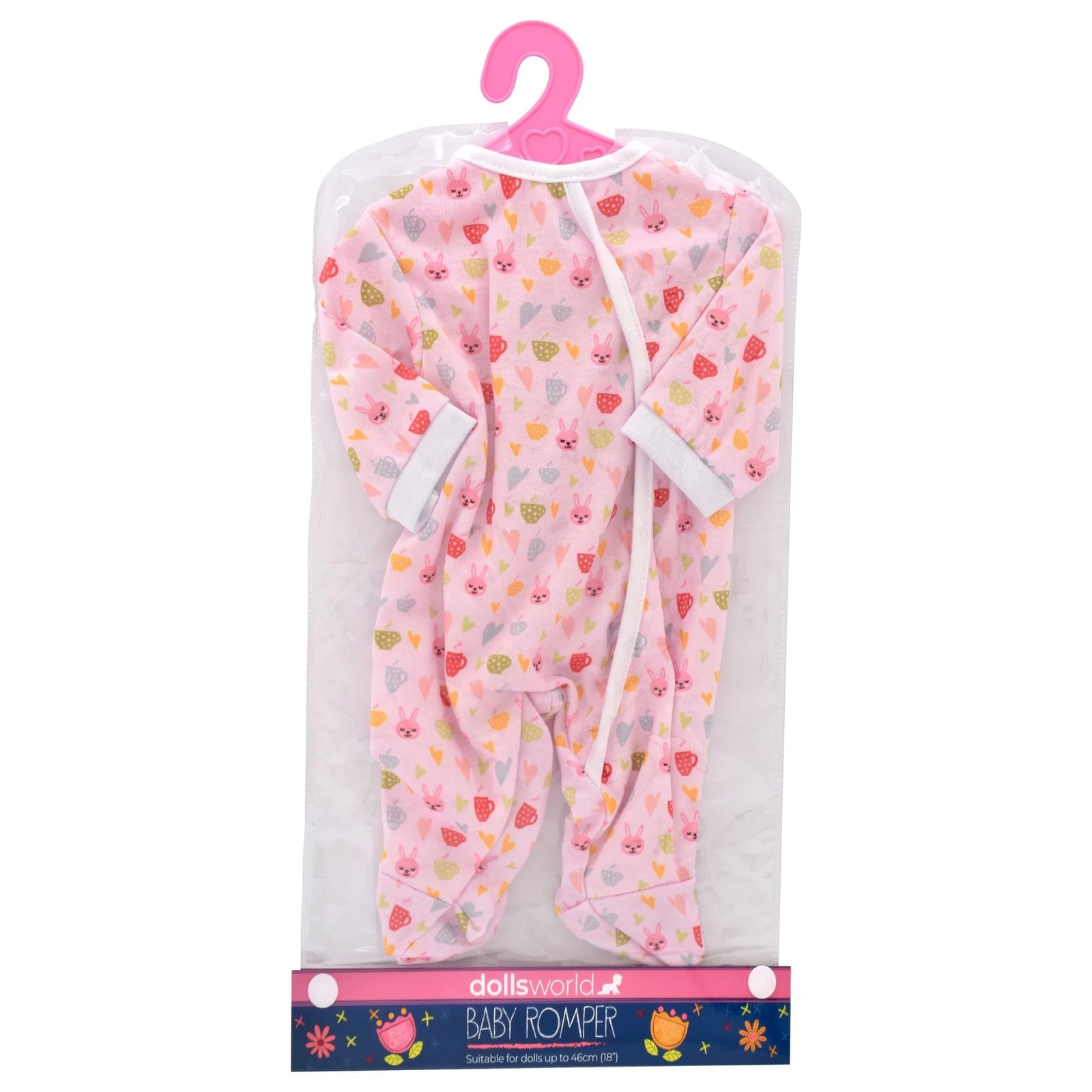 DOLLSWORLD FASHION BOUTIQUE BABY ROMPER - PINK OUTFIT WITH CUPS AND BUNNIES