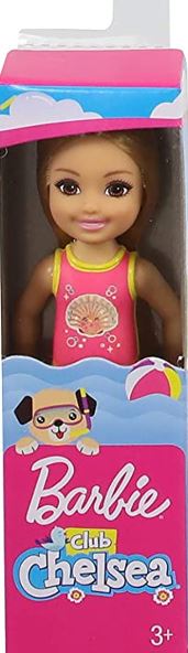 BARBIE CLUB CHELSEA BEACH DOLL - DARK BLONDE HAIR PINK SHELL SWIMMERS - Toyworld Frankston