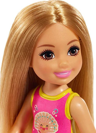 BARBIE CLUB CHELSEA BEACH DOLL - DARK BLONDE HAIR PINK SHELL SWIMMERS - Toyworld Frankston