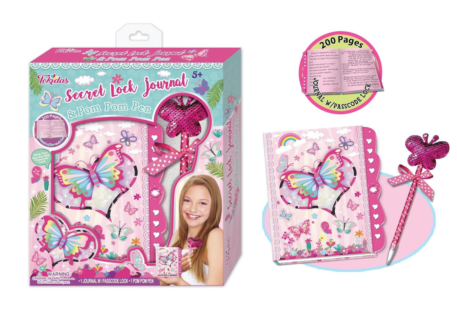 SECRET LOCK JOURNAL WITH BUTTERFLY TOP PEN - Toyworld Frankston